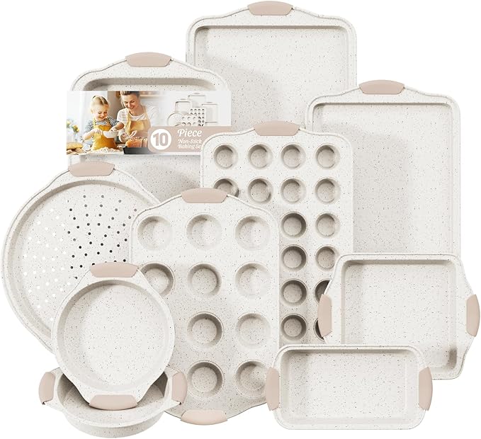 11-Piece Baking Pans Set Nonstick, Stackable Bakeware, Toxin-Free Baking Pans Set with Silicone Handles, Includes Cookie Sheets, Cake Pan, Loaf Pan, Pizza Pan, Muffin Pan, White&Khaki