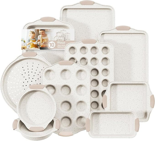 11-Piece Baking Pans Set Nonstick, Stackable Bakeware, Toxin-Free Baking Pans Set with Silicone Handles, Includes Cookie Sheets, Cake Pan, Loaf Pan, Pizza Pan, Muffin Pan, White&Khaki