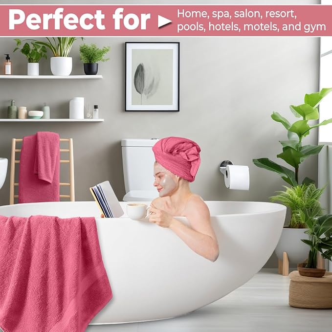 Pack of 8 Towels Set, 2 Large Bath Towels, 2 Hand Towels, 4 Wash Cloths, 100% Cotton, Lighter Weight, Quicker to Dry, Super Absorbent, Perfect for Bathroom (Pink)