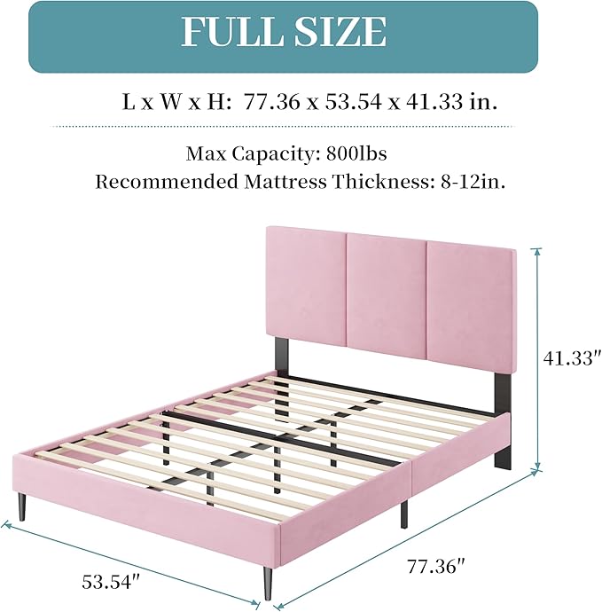 Full Size Bed Frame with Headboard, Vertical Channel Tufted Heavy Duty Full Size Bed Frame, No Box Spring Needed, Easy Assembly, Metal Platform Bed Frame, Pink