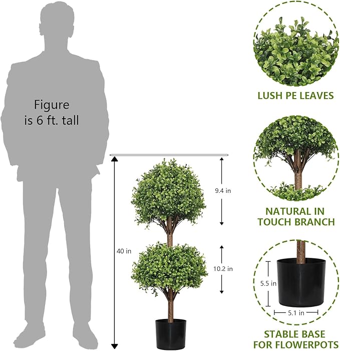 THE BLOOM TIMES 40" Tall Artificial Boxwood Double Ball Topiary Trees, UV Resistant Large Fake Potted Plants for Outdoor Planter, Realistic Faux Bushes Shrubs for Front Porch Outside Decor Set of 2