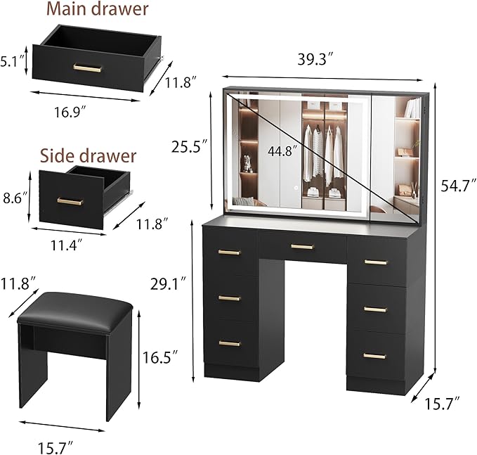 Black Vanity Desk with Mirror and Lights, Makeup Table with 44.8" Oversized Vanity Mirror Dressing Table Set with Stool, 7 Drawers and Storage Cabinet for Bedroom Dressing Room