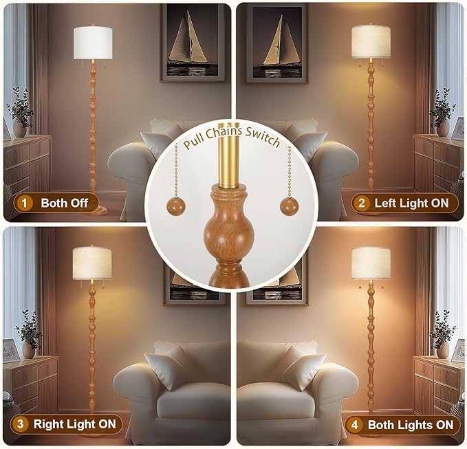 65.5" Natural Real Wood Floor Lamp with S Cluster Pull Chains Dual Switch,Wood Base Tall Lamp,Farmhouse Standing Lamp for Living Room,with Linen Shade,Floor Lamp for Living Room,Bedroom(Bulb Included)