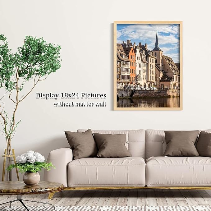 Egofine 18x24 Solid Wood Picture Frame, Made of Solid Wood Covered by Plexiglass 16x20 with Mat 18x24 without Mat, Poster Frame for Wall Mounting Photo Frame Vertically or Horizontally, Natural Wood