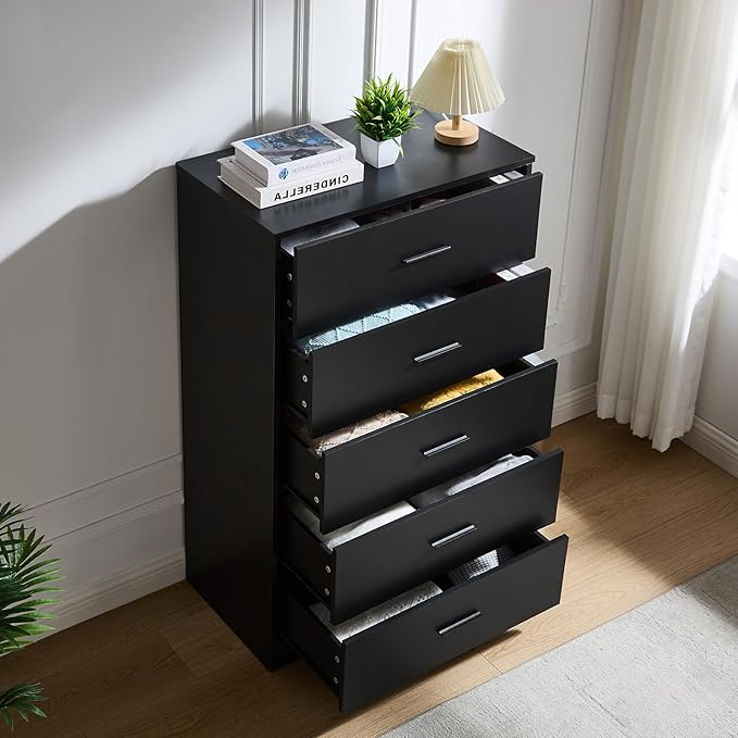 LIDYUK Dresser for Bedroom, Wood Dresser with 5 Drawers, Modern Minimalist Dressers & Chests of Drawers, 47 Inches Tall Chest of Drawers for Bedroom, Hallway, Living Room, Black