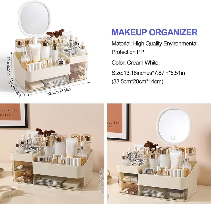 DASITON Makeup Organizer with Rechargeable Mirror and 3 Drawers,Skincare and Cosmetics Organizer Countertop,Makeup Brush Holder,Large Cosmetic Display Case for Vanity,Desk,Bathroom,Bedroom(Cream)