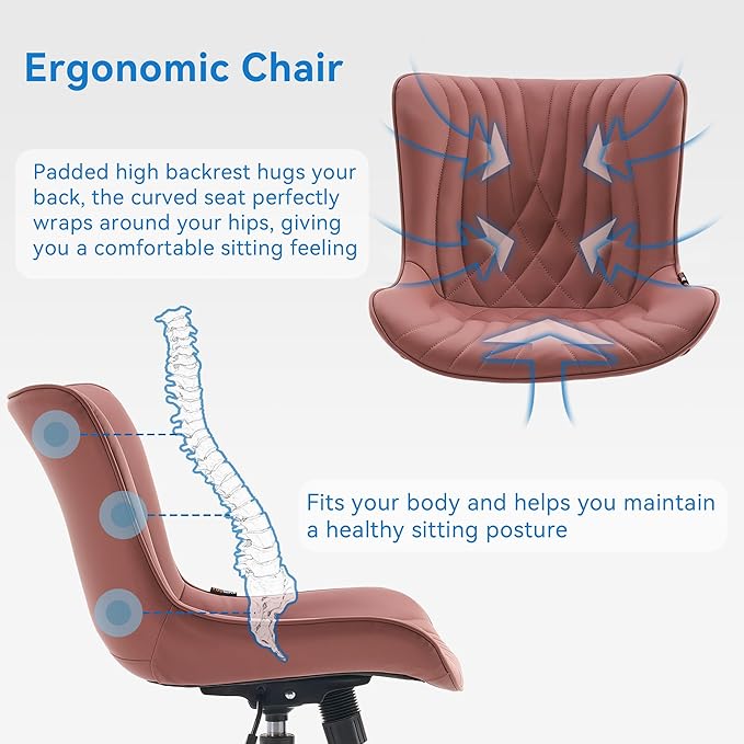 YOUNIKE Office Chair, Armless Desk Chair with Wheels, Adjustable Swivel Home Office Computer Task Chairs, Modern Faux Leather Upholstered Vanity Chair with Back, Dusty Rose