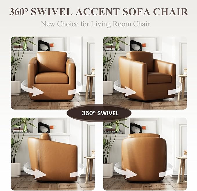 COLAMY 360° Swivel Accent Chair Set of 2 with Pillow - Comfy Living Room Armchair No-Sag Foam & Sturdy Metal Base, Fully Assembled Swivel Accent Single Sofa for Bedroom Living Room, Office, Brown