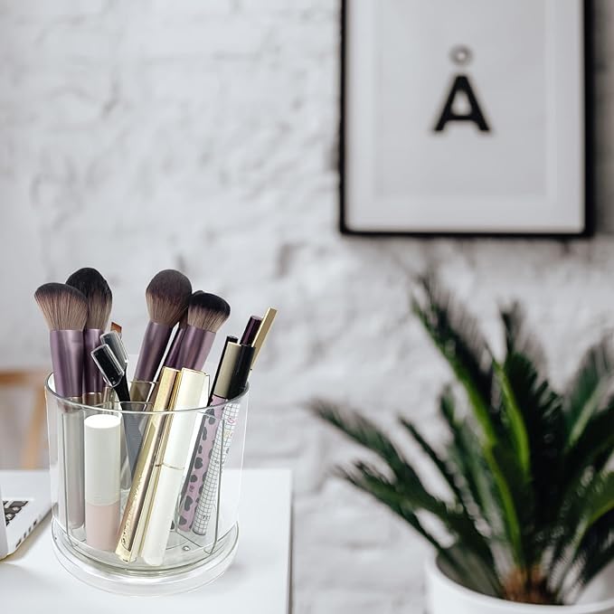 Makeup Brush Holder 360 Rotating Makeup Brushes Organizer for Vanity, 5 Slots Makeup Organizers & Storage, Multi-Functional Pencil Pen Holder for Desk, Cosmetic Storage Container Cup (Clear)