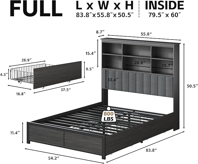 HISOFT Full Bed Frame with Storage Headboard, Wood Bed with High Storage Bookcase, 4 Drawers & LED & Charging Station,No Box Spring Needed/Noise Free/All-Metal Support, Rustic Grey