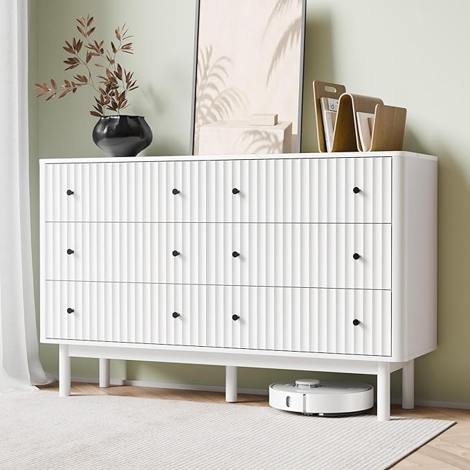 Fluted 6 Drawers Dresser for Bedroom, 54" Wide Modern Chest of Drawers with Faux Marble Top, Curved Profile Design, Solid Wood Legs, Wodden Dresser TV Stand, Storage Organizer for Bedroom, White