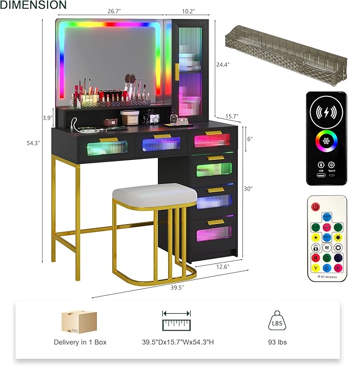HNEBC RGB Vanity Desk with Mirror and Lights, LED Vanity Makeup Desk with USB/Wireless Charger Station, Vanities Dressing Table Sets with 6 Drawers/Cabins/Stool/Shelves for Bedroom&Cloakroom,Black