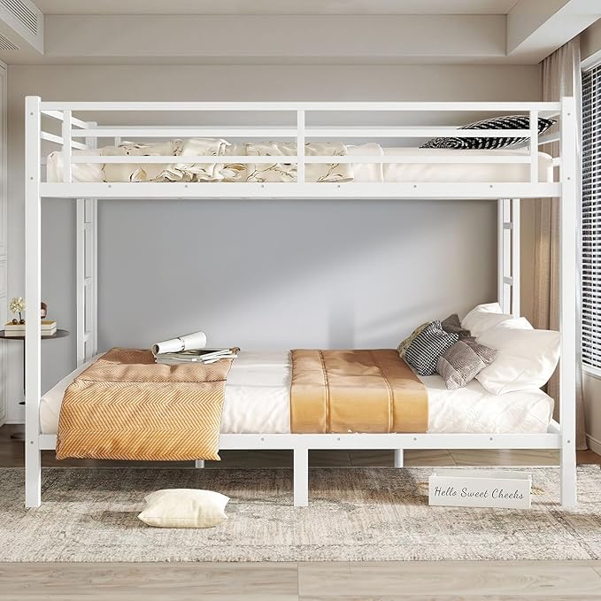 Queen Over Queen Bunk Bed Frame, Heavy Duty Metal Loft Bed for Adults/Teens, 350/600LB Capacity w/Ladder & Guardrail, Noise-Free Steel Slats, No Box Spring Required, White