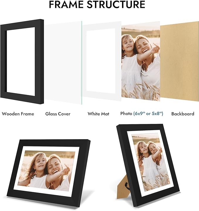 6x9 Picture Frame with Glass, Display Pictures 5x8 with Mat or 6 x 9 without Mat - Wall and Tabletop, 6 by 9 Photo Wooden Frames (Black, 1 Pack)