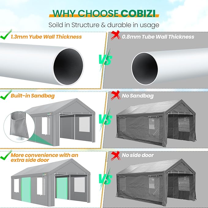 COBIZI Carports 10x20 Heavy Duty Car Canopy Garage with Removable Sidewalls & Doors, Galvanized Frame Portable Carport Canopy with Built-in Sandbags & All-Season Tarp for Car Boat Truck, Gray