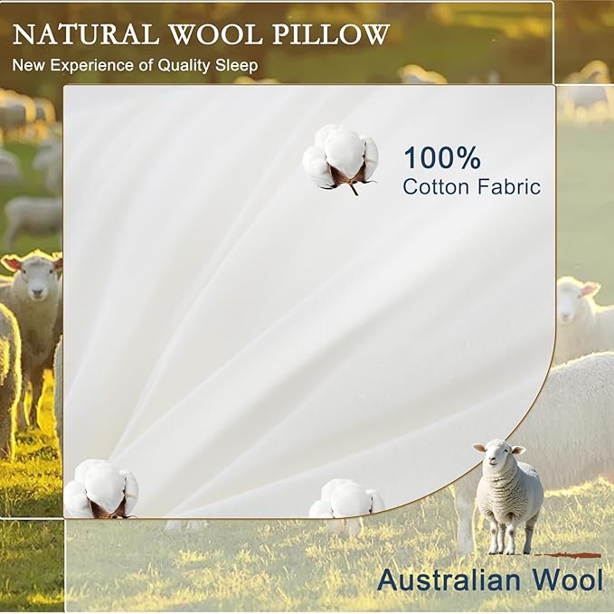 YOUR MOON Organic Wool Pillow Standard Size Set of 2 - Premium Wool Fill, Soft Thick Down Alternative Pillow for Sleeping, 100% Cotton Cover, Support Bed Pillows for Side and Back Sleepers(White)