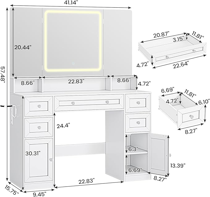 Vanity Desk with Mirror and LED Light, Makeup Vanity with Trifold Mirror and Charging Station, 5 Drawers for Storage, White Modern Vanity Table with Hidden Jewelry Hook for Bedroom, Women Girls