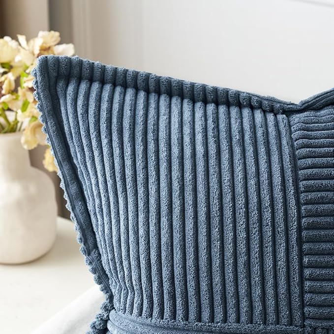 MIULEE Decorative Euro Sham Throw Pillow Covers for Couch Bed Livingroom 22x22 Inch Set of 2 Blue Boho Accent Throw Pllows Broadside Striped Patchwork Soft Corduroy Summer Coastal Pillowcases