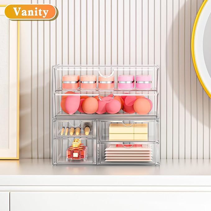 Acrylic Organizer with 6 Drawers, Bathroom Counter Organizer, Makeup Desk Organizers, Office Supplies, Storage Drawers for Cosmetic, Pencil, Coffee
