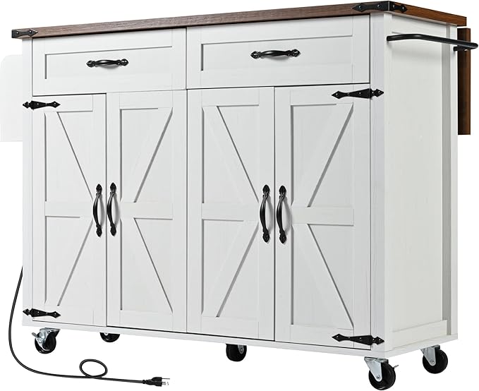 Merax 53.5" Kitchen Cart Island on Wheels with Power Outlet,Drop Leaf,Spice Rack,Farmhouse Wood Frame Storage Cabinet for Dining Room