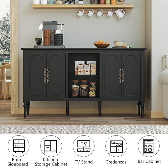 Vintage Buffet Sideboard Cabinet with 4 Doors, 59" Mid Century Modern Storage Cabinet with Shelf, Decorative Accent Credenza TV Stand (Black)