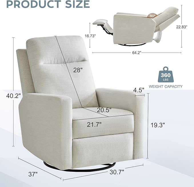 Power Nursery Rocking Chairs, 270° Oversized Swivel Rocker Recliner w/USB & Type-C Charging Port, Rotating Rocking Reclining Nursing Chair for Breastfeeding, Living Room,Bedroom,Beige