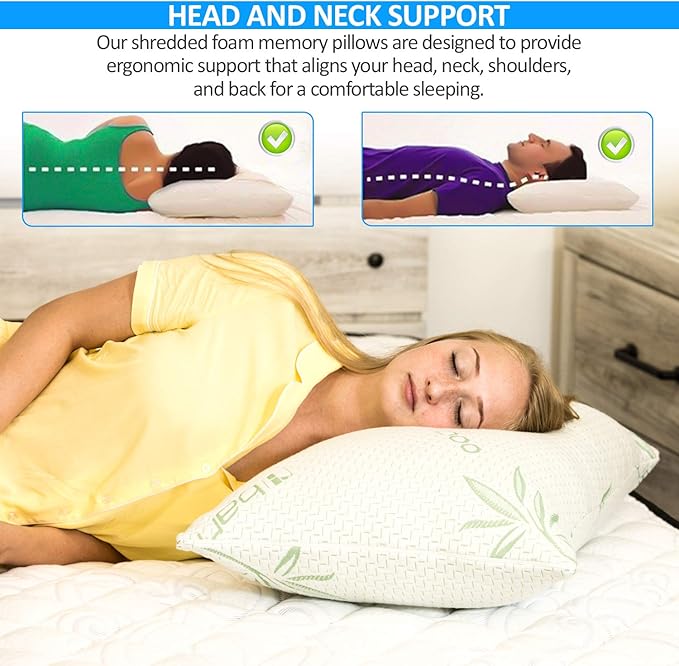 2 Pack Queen Size Rayon Derived from Bamboo Pillow, Cooling Shredded Memory Foam Bed Pillows Sets for Back, Stomach, Side Sleepers, Adjustable to Soft / Firm, Washable Cover, Queen (Pack of 2)