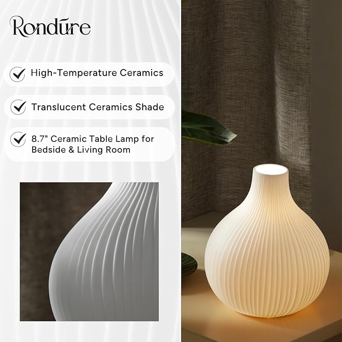 RONDURE 8.7" Modern Ceramic Table Lamp, Modern Bedside Lamps for Bedroom, Living Room and Nightstand, White Translucent Ceramic Shade, Warm Ambient Lighting, Home Decor