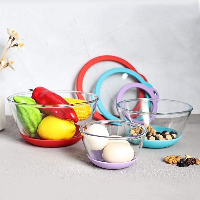 Glass Mixing Bowls Set of 3 with BPA-Free Airtight Lids, Large Nesting Bowls with Non-Slip Silicone Base, Ideal for Food Storage, Dishwasher & Microwave Safe, 2, 1, 0.5 QT Purple Blue Red