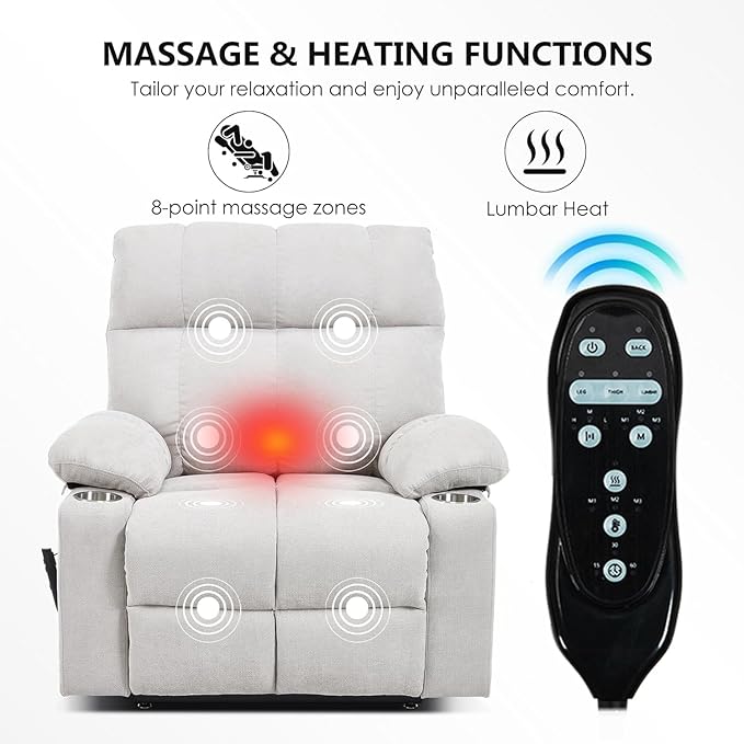 Dual Motor Power Lift Chairs for Elderly, Electric Lay Flat Recliner Chair with Vibration Massage Heat, Extra Wide Recliner Chair for Living Room with Cup Holders, Chenille Fabric - Beige