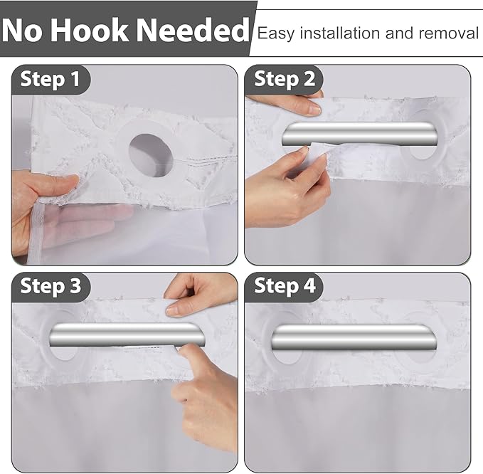 No Hook Shower Curtain Set with Snap in Liner, White Jacquard Tufted Geometric Bath Curtain, Boho Luxury Hotel Bathroom Decor, Waterproof Washable, 71 x 74 Inch