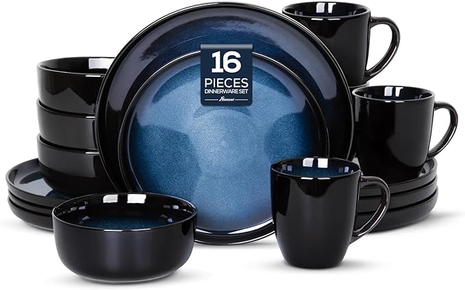 Romswi Dinnerware Set for 4, 16Pcs Stoneware Plates and Bowls Sets with Mugs, Chip & Scratch Resistant Dish Set, Handmade Reactive Glaze, Oven,Microwave and Dishwasher Safe, Dreamy Moonlight-Blue