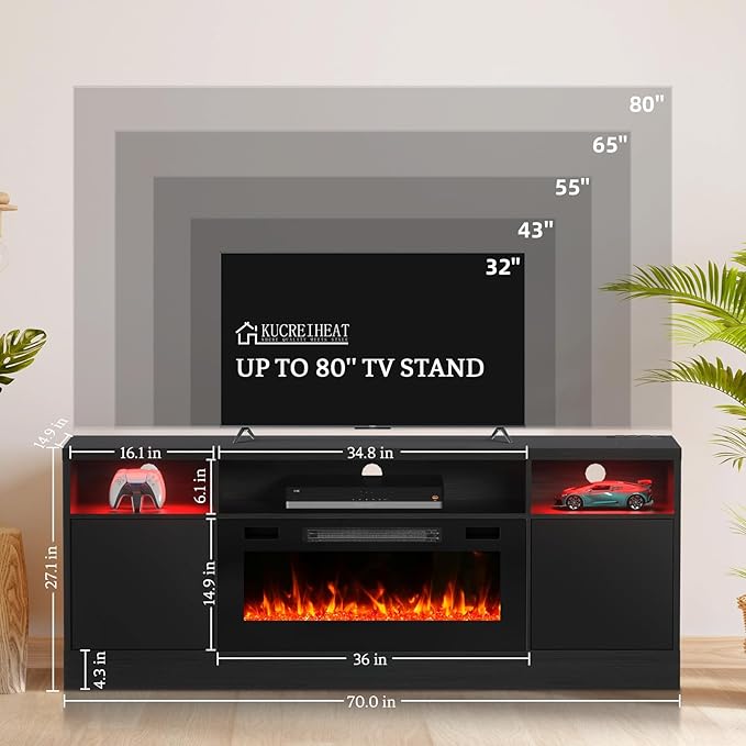 70'' TV Stand with Fireplace and Power Outlet-Black Entertainment Center for 75+ inch TV- 27'' High TV Cabinet with LED Light, Storage, High Glossy Door, Modern TV Console for Living Room