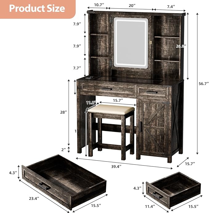 Farmhouse Makeup Vanity, Vanity Desk with 3 in 1 Charging Station and Human Body Sensing LED Lights, Vanity Table with Glass Tabletop & Hidden Jewelry Cabinet, Stool Included, Vintage Brown