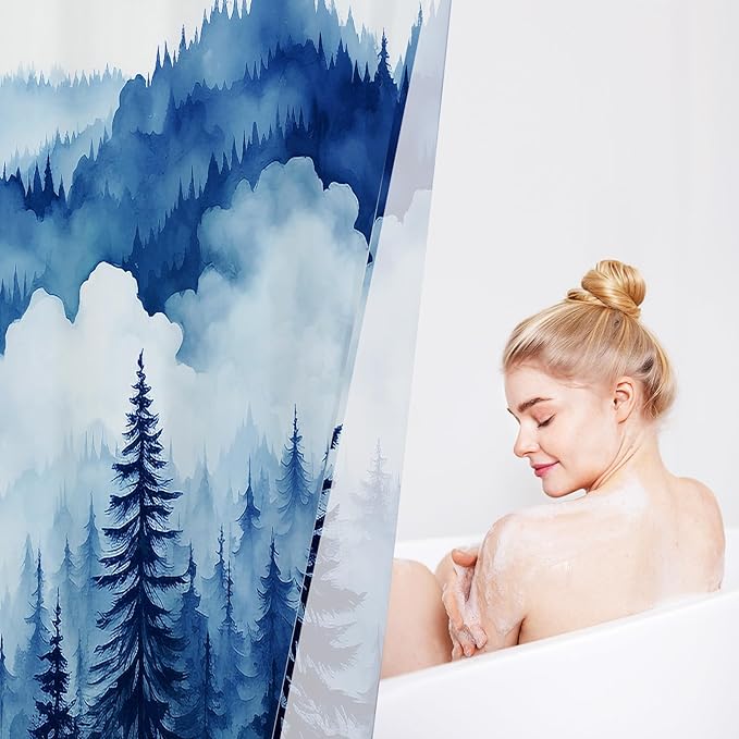 Navy Blue Extra Long Misty Pine Forest Shower Curtain 72 x 84, XL Mountain Foggy Woodland Scenery Tree Shower Curtains for Bathroom, Abstract Waterproof Nature-Themed Decor