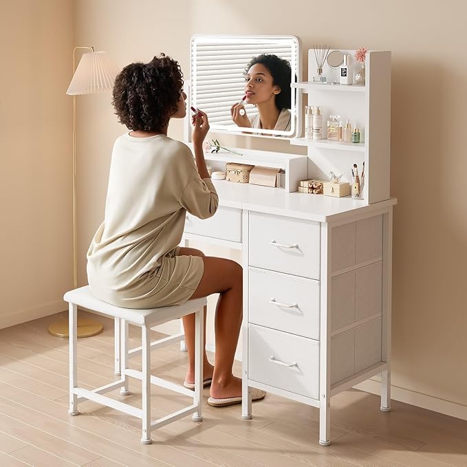 Makeup Vanity Desk with Mirror and Lights, Small Vanity with Fabric Storage Drawer & Chair & Shelves, White Compact Makeup Vanity Set for Bedroom