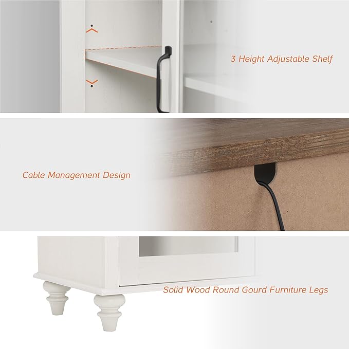 WAMPAT Farmhouse TV Stand for 75 inch TV with 4 Glass Doors, Wood TV Stand with 4 Storage Cabinets, White Entertainment Center TV Console Table for Living Room, Bedroom