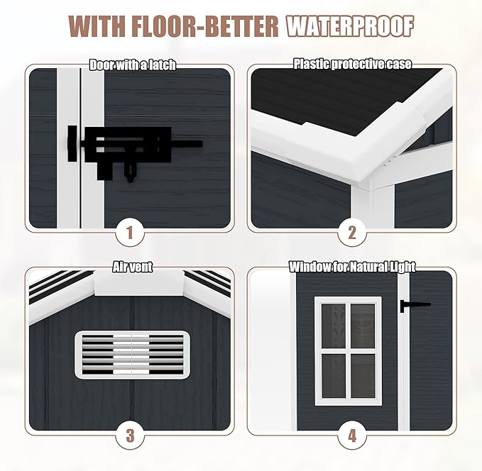 8x7 FT Outdoor Storage Resin Shed with Floor, Waterproof Plastic Garden Tool Shed with Windows, Vents & Lockable Door and Sloped Roof, Easy to Assemble Bike Shed for Patio, Backyard, Lawn, Black