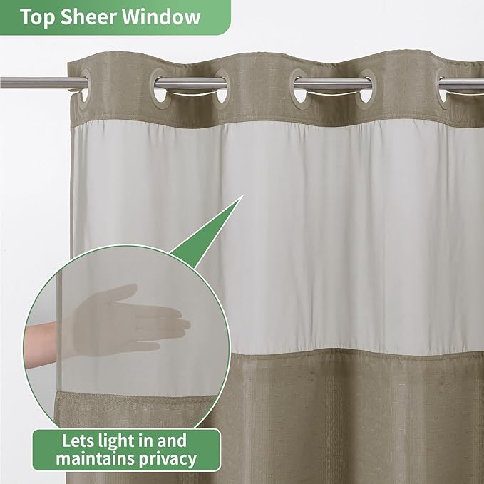 Long No Hook Shower Curtain with Snap-in Fabric Liner Set,Slub Textured Fabric Shower Curtains for Bathroom,Hotel Style Modern Shower Curtain,Water Repellent & Washable,71x80(78),Tan/Khaki