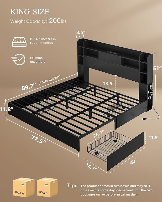 YITAHOME King Size Bed Frame with Bookcase Headboard and 4 Storage Drawers, RGB LED Bed Frame with Type-C & USB Charging Station Storage Headboard Beds, No Box Spring Needed, Noise Free, Black