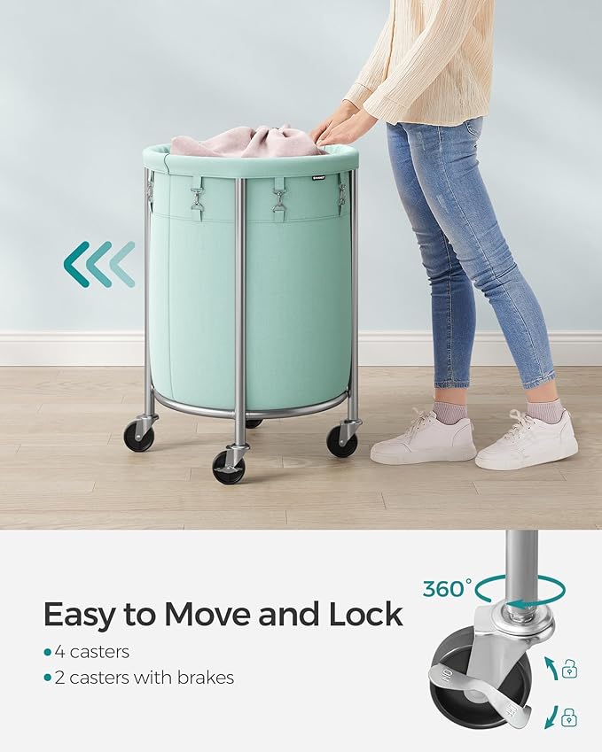 SONGMICS 29-Gallon (110 L) Laundry Basket with Wheels, Rolling Round Heavy-Duty Laundry Hamper Cart with Steel Frame and Removable Bag, 2 Locking Wheels, Mint Green and Metallic Silver URLS002C01