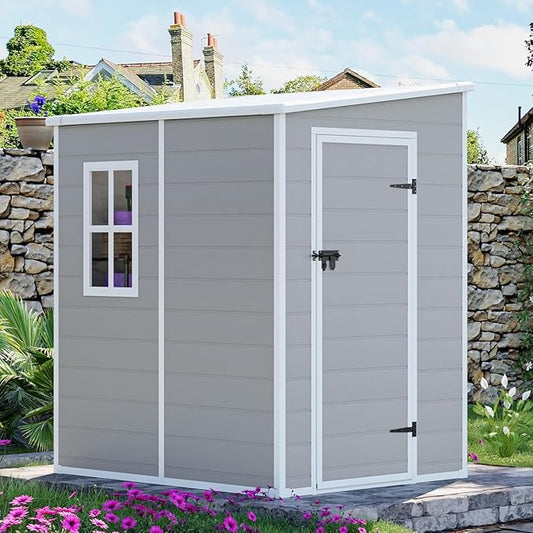 5x4 FT Small Resin Shed, Waterproof Outdoor Shed with Floor, Window, Double Lockable Doors & 2 Vents, Outside Plastic Sheds for Garden Patio Backyard, Sloped Roof, Grey