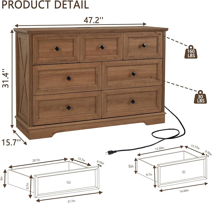 Farmhouse 7 Drawers Dresser for Bedroom with Charging Station, Rustic 7 Chest of Drawers, Wood Dressers for Closet, Modern Storage Organizer Cabinet for Living Room,Hallway & Entryway, Natural Oak