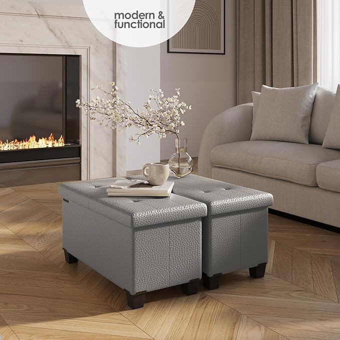 STORAGEBUD Storage Ottoman Bench with Bins, 30-in Storage Bench for Bedroom End of Bed, Folding Foot Rest Ottoman for Living Room Max 660lbs, Faux Leather Ottomans, Light Grey