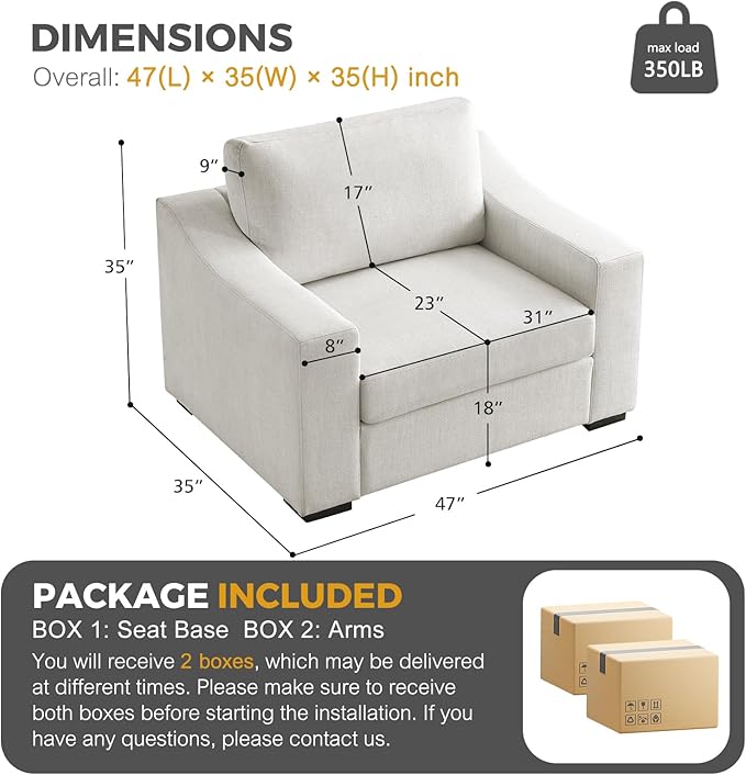 ELUCHANG 47" W Oversized Accent Chair Set of 2, Linen Fabric Modern Armchair, Washable Covers, Comfy Upholstered Large Chair Armchair Sofa Chair Reading Chair for Living Room Bedroom Office, Ivory