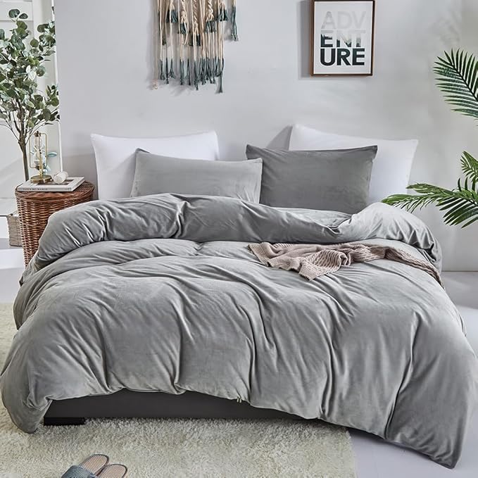 CLOTHKNOW Grey Velvet Comforter Set Twin/Twin XL 3Pcs Gray Fluffy Bedding Comforter Sets Gray Comforter Twin Sets Soft Grey Comforter Sets
