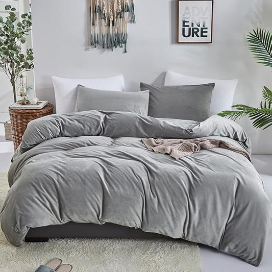 CLOTHKNOW Grey Velvet Comforter Set Twin/Twin XL 3Pcs Gray Fluffy Bedding Comforter Sets Gray Comforter Twin Sets Soft Grey Comforter Sets