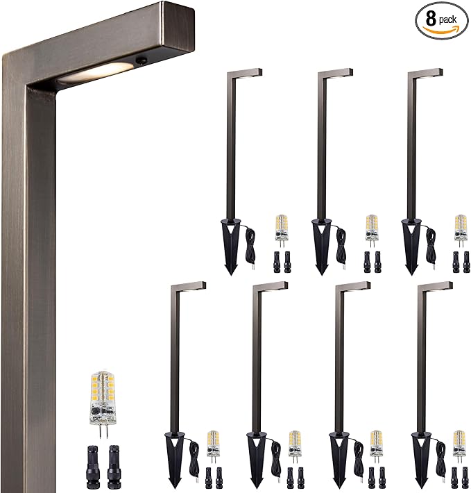 Brass Low Voltage Garden Lights, Outdoor Landscape Pathway Light, 12V LED AC/DC Bronze L Shape Path Lamp for Sideway House Walkway with 3W 270LM 4000K G4 Bulb 8 Pack