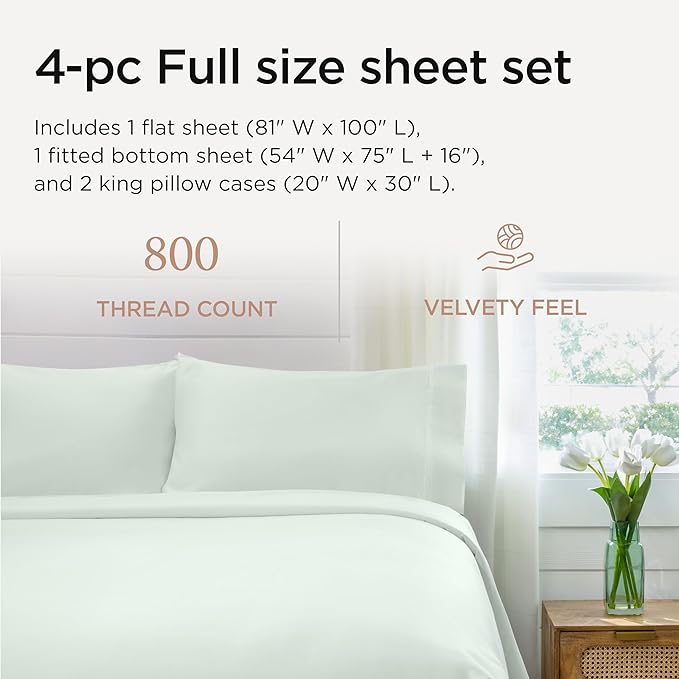 Threadmill Full Size Sheets | 800 Thread Count Bed Sheets with 16” Deep Pocket for Full Size Mattress | Sateen Weave, Better Than Egyptian Cotton, 4-Piece Bedding Set with Cooling Effect | Seaglass