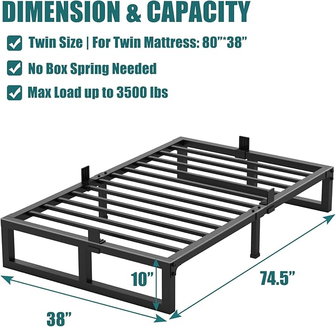 10 inch Twin Bed Frame,3500 lbs Heavy Duty Metal Platform, Steel Slats Support/No Box Spring Needed/Noise Free/Non-Slip/Easy Assembly